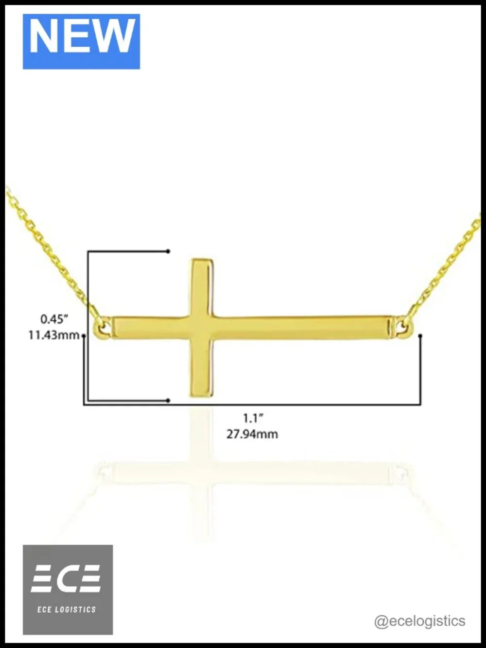 14K Yellow Gold Sideways Cross Necklace Rolo Chain Pendant